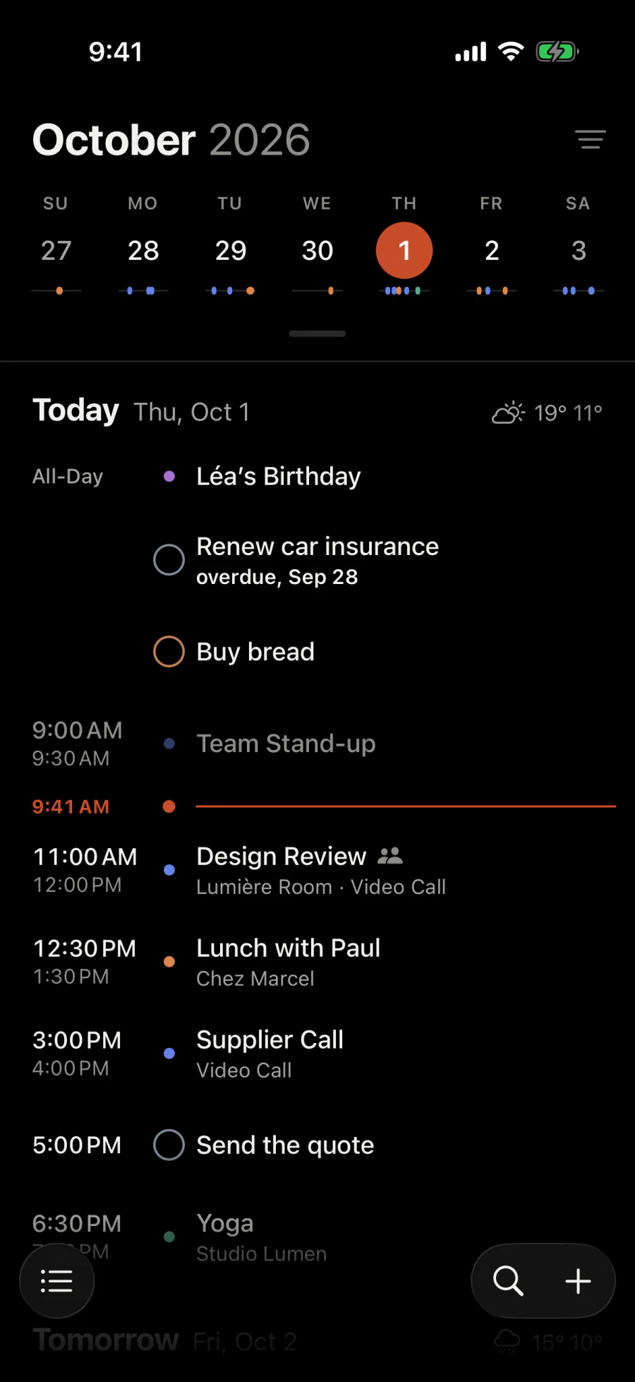 The agenda on Thursday, October 1: a birthday, two tasks, then the day’s events under the line of the current hour, 9:41 AM.