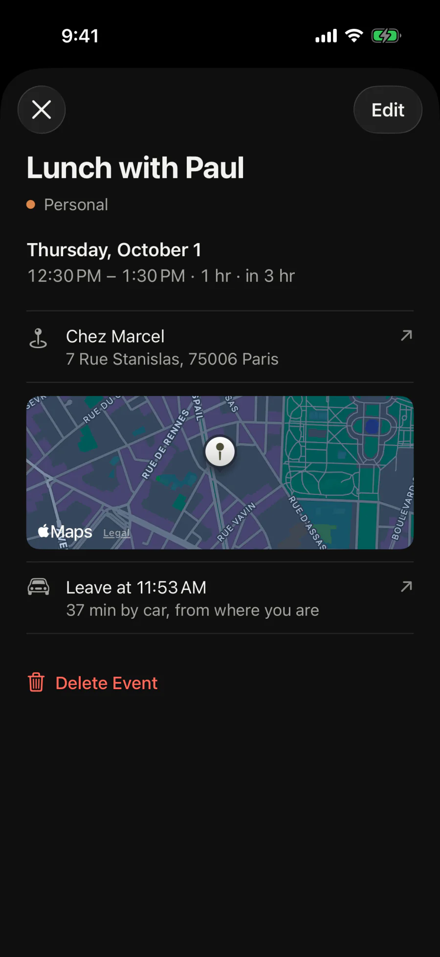 Lunch with Paul at Chez Marcel. Leave at 11:53 AM, 37 minutes by car.