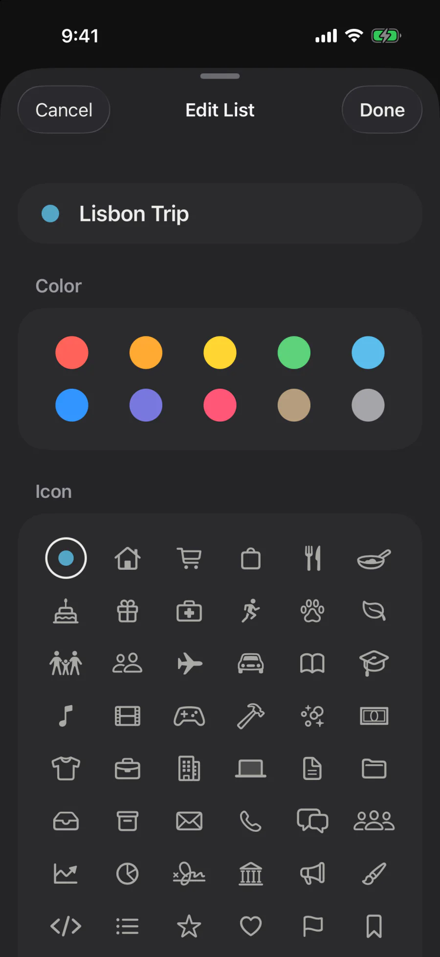 Edit List for Lisbon Trip: its name, its color and the icons, from home life to work, each drawn in the list’s color once chosen. The airplane is chosen.