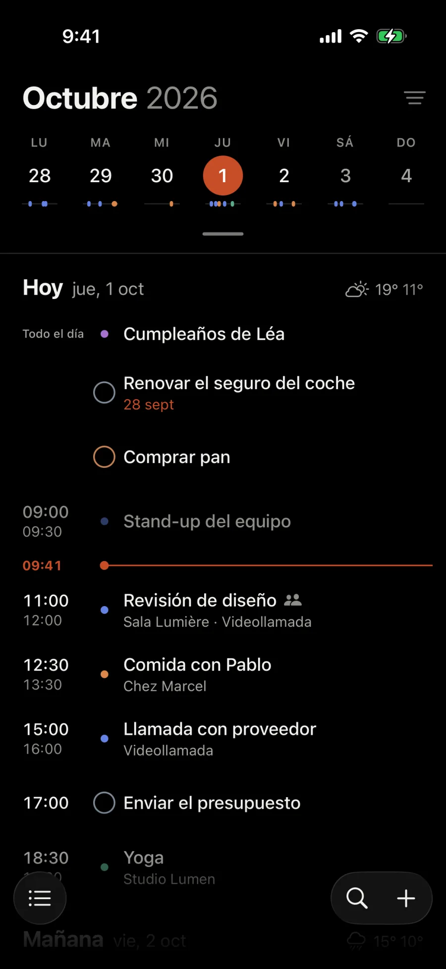 La agenda del jueves 1 de octubre: un cumpleaños, dos tareas y luego los eventos del día bajo la línea de la hora actual, las 9:41.