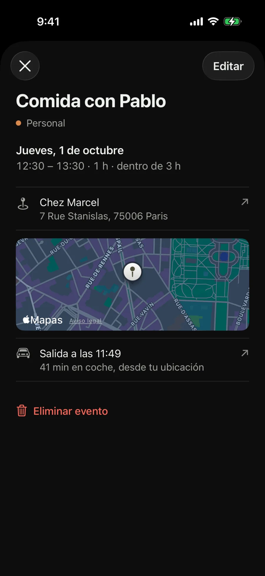 Comida con Pablo en Chez Marcel. Salida a las 11:53, 37 minutos en coche.