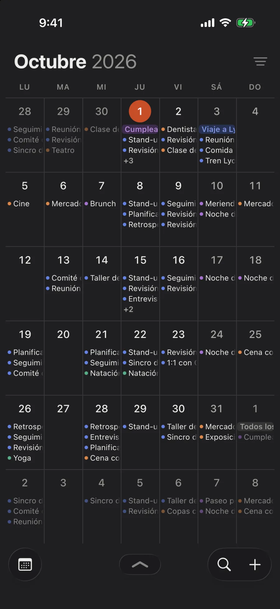 Octubre a pantalla completa, con los títulos de los eventos en cada día.