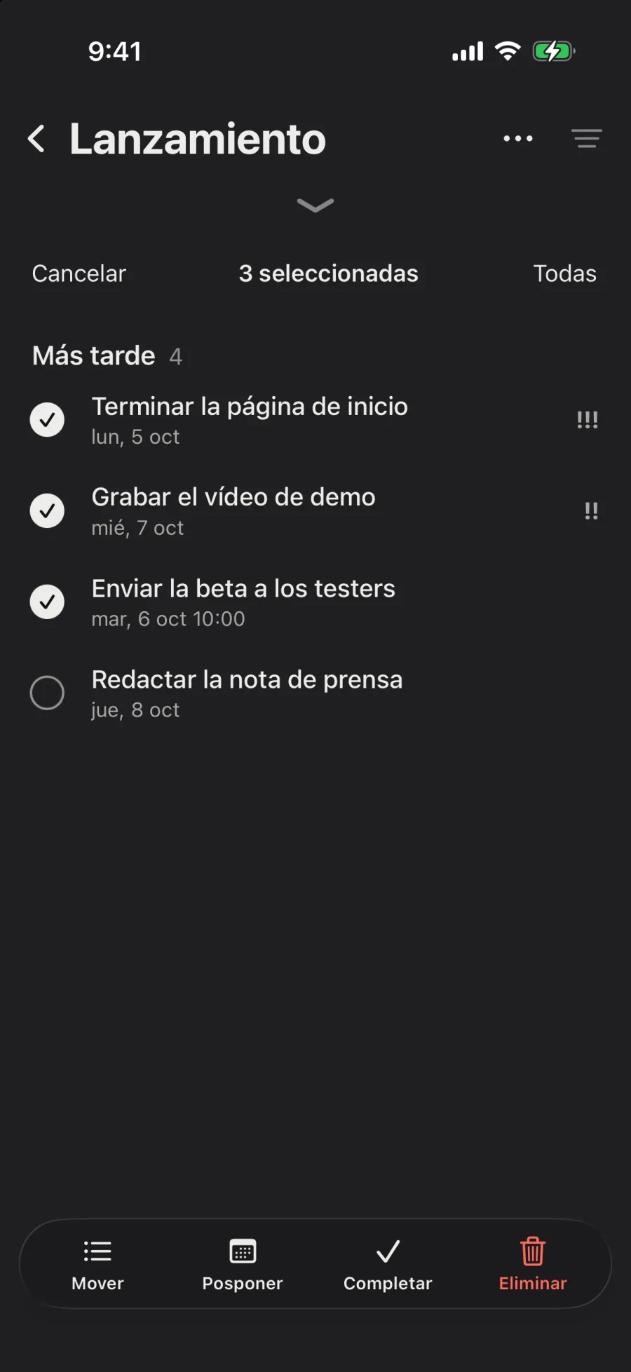Lanzamiento, tres tareas seleccionadas, con Mover, Posponer, Completar y Eliminar abajo.