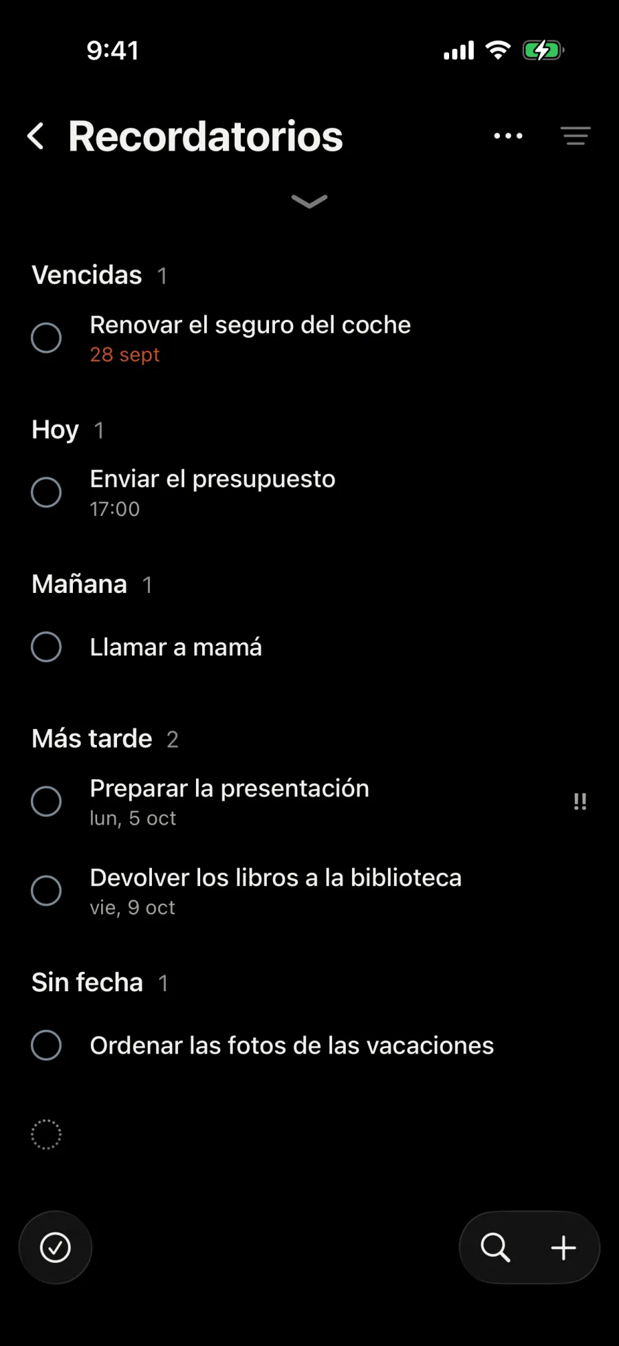 Recordatorios: Enviar el presupuesto deslizada a un lado, con Mañana, Fin de semana y Semana.