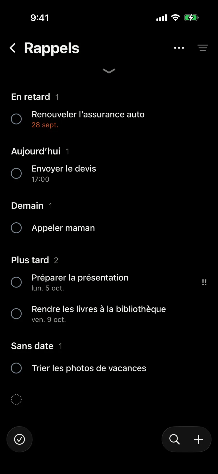 Rappels : Envoyer le devis balayé de côté, qui propose Demain, Week-end et Semaine.
