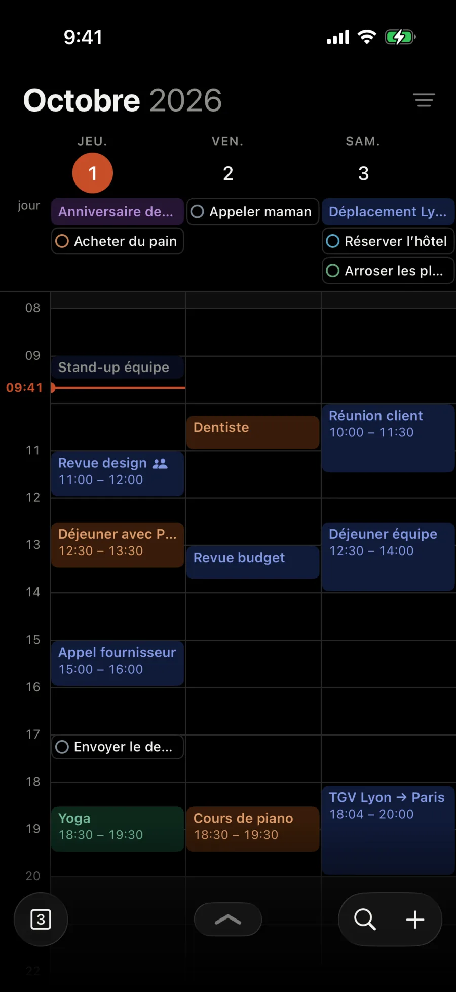 De jeudi à samedi : Acheter du pain, Appeler maman, Réserver l’hôtel et Arroser les plantes avec les événements de la journée, et Envoyer le devis à 17:00 entre les événements.