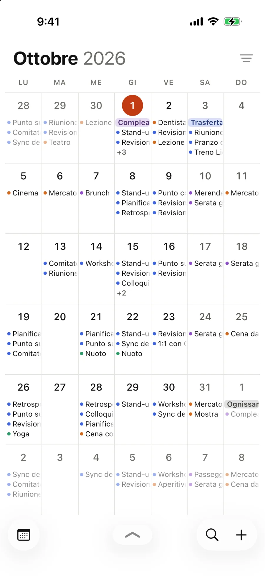 Ottobre a schermo intero, con i titoli degli eventi in ogni giorno.