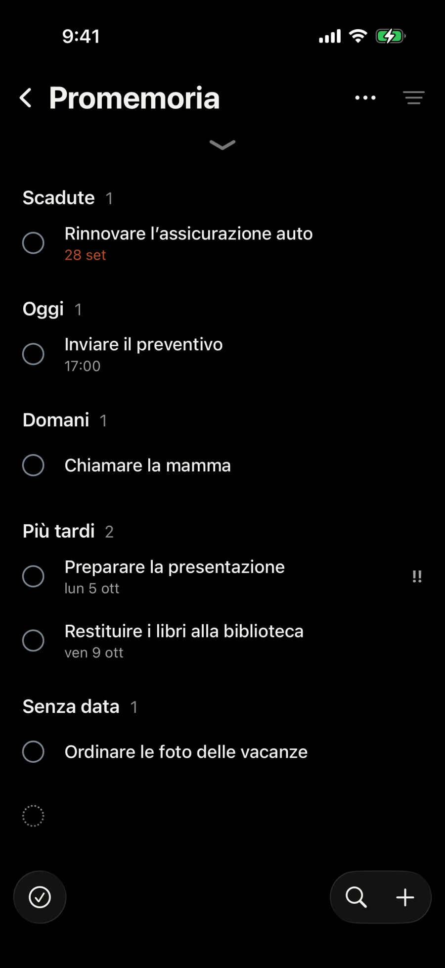 Promemoria: Inviare il preventivo scorsa di lato, con Domani, Weekend e Settimana.
