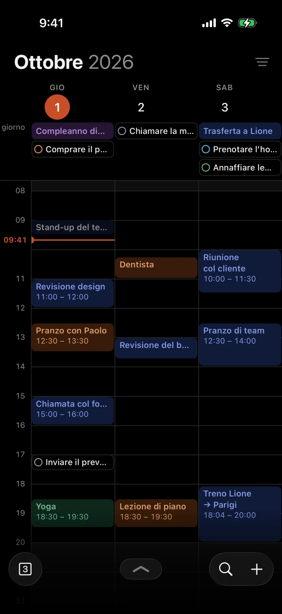Da giovedì a sabato: Comprare il pane, Chiamare la mamma, Prenotare l’hotel e Annaffiare le piante con gli eventi di tutto il giorno, e Inviare il preventivo alle 17:00 tra gli eventi.