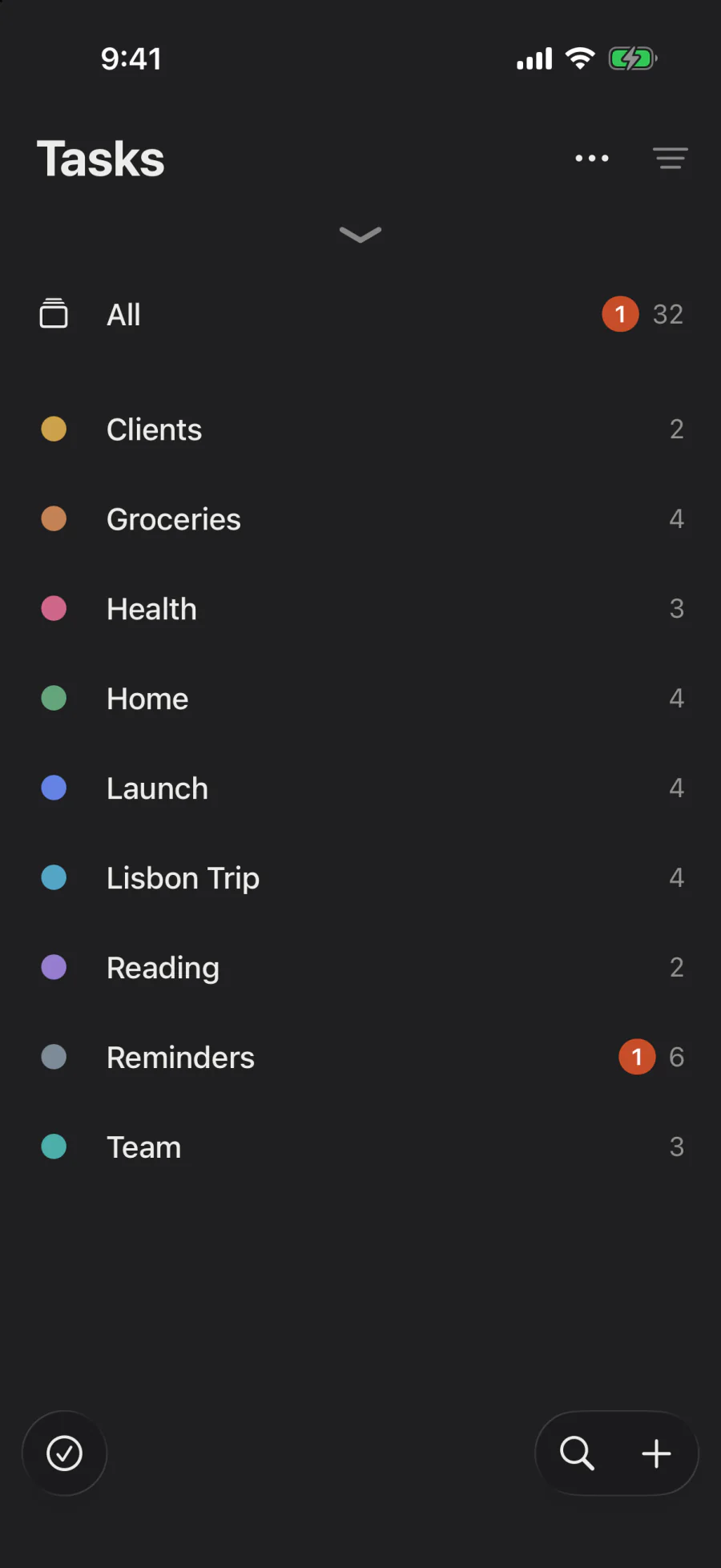Tasks: All, then each list in its color with its open tasks, the overdue ones in Brick. Each list then takes an icon, Home is dropped on Groceries, and the lists gather under Personal and Work.