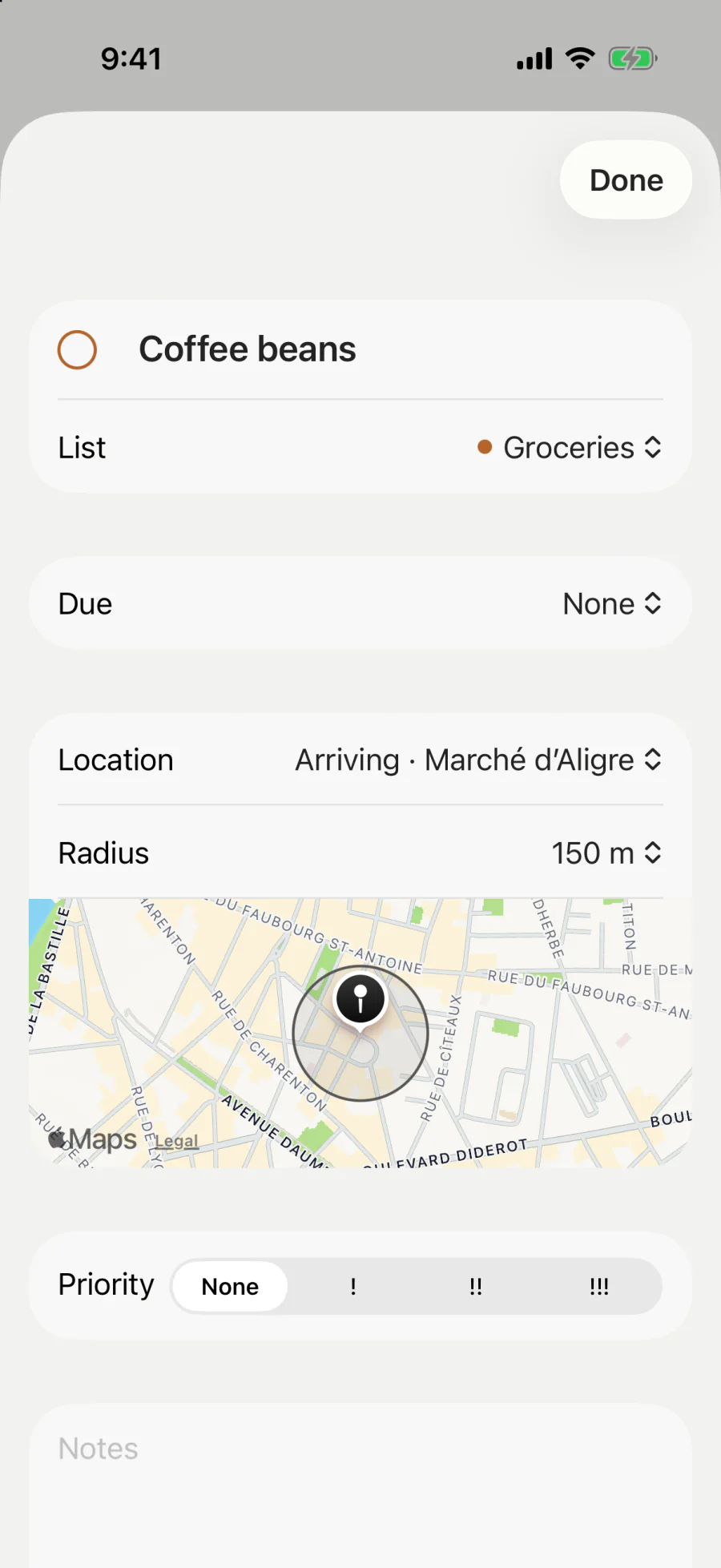 Coffee beans, in Groceries: an alert on arriving at Marché d’Aligre, within 150 m, shown on a small map.