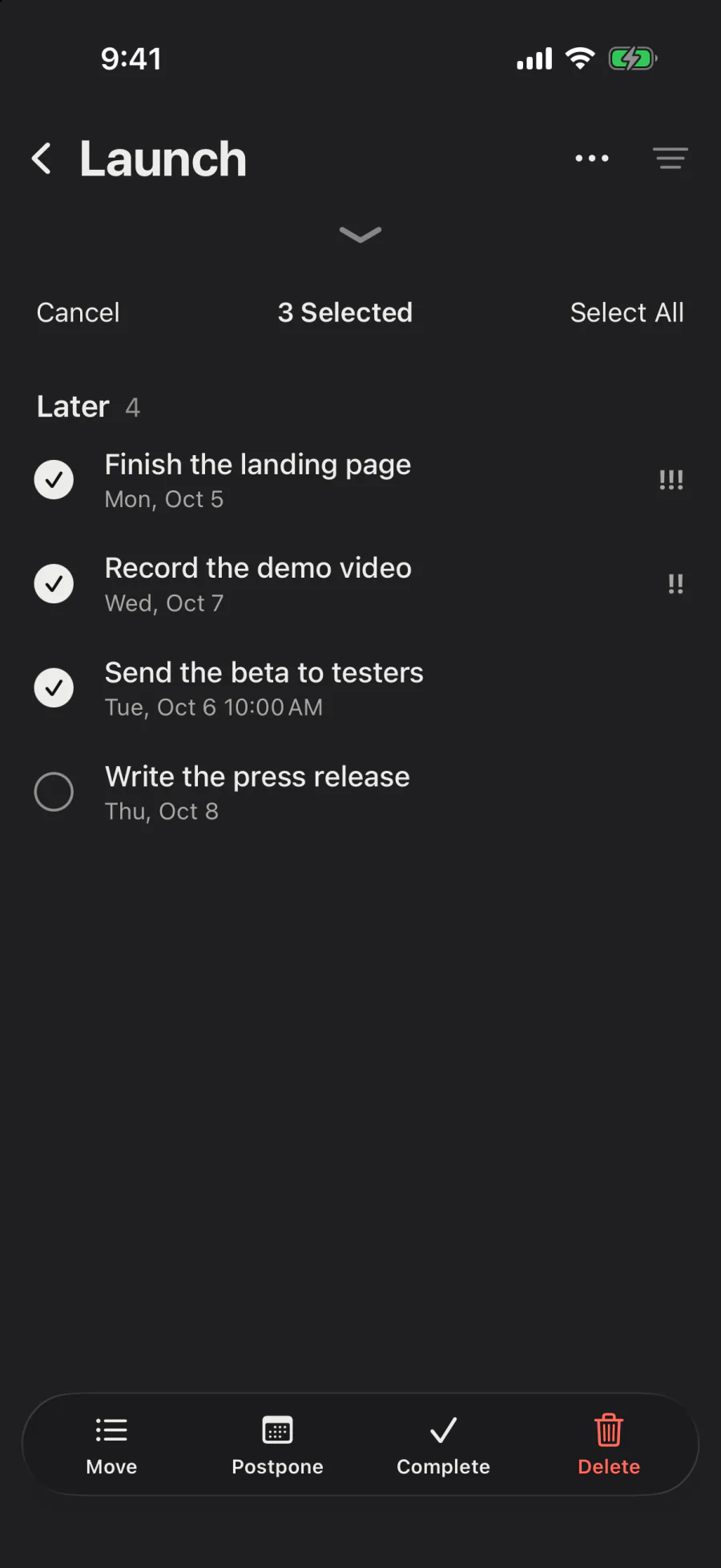 Launch, three tasks selected, with Move, Postpone, Complete and Delete at the bottom.